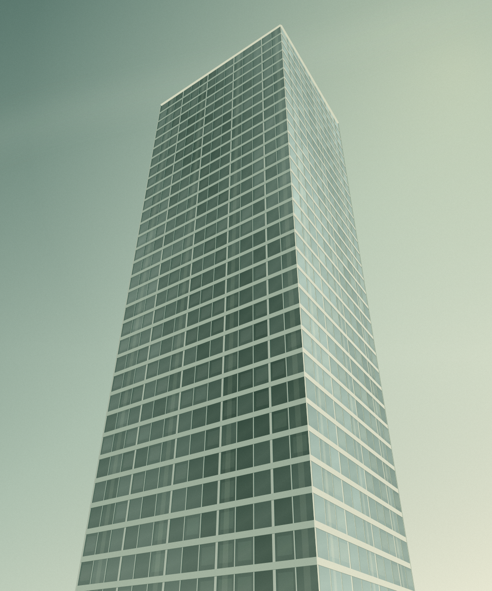 Original architectural illustration of a glass tower rising toward a clear sky